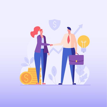 Businessmen make good deal. Business partners. Concept of partnership, business deal, agreement shaking hands, teamwork. Vector illustration in flat design for UI, web banner, mobile appのイラスト素材