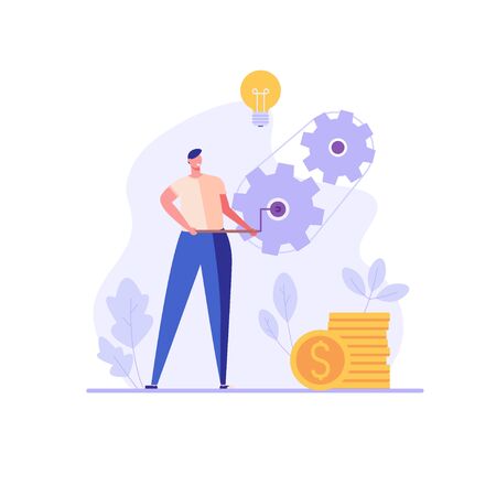 Businessman or employee twists gears of business. Business hard work. Concept of career success, office work, beginner.  Vector illustration in flat design for UI, web banner, mobile appのイラスト素材