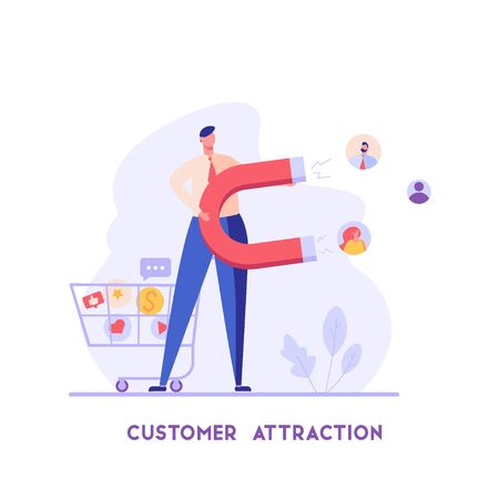 Businessman attracts customers. Man with big magnet. Concept of customer relationship management, inbound marketing, pr, customer attraction. Vector illustration in flat for UI, web banner, mobile appのイラスト素材