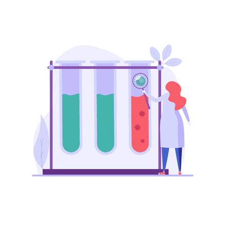 Medical worker or doctor woman diagnoses and treats problems in clinic. Set of medical analysis, virus, medical research and diagnostics, blood test. Vector illustration in flat designのイラスト素材