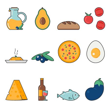 Tomato slice. Olive branch with leaves. Mediterranean food elements. Pizza icon. Set of italian food, mediterranean cuisine, keto diet, olive oil collection. Vector illustration in flat designのイラスト素材