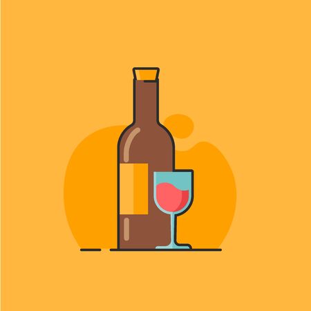 Wine and glass. French cuisine. Mediterranean food elements. Bottle icon. Set of italian food, mediterranean cuisine, keto diet, red wine. Vector illustration in flat designのイラスト素材