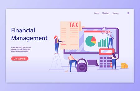 People count money on calculator. Financial administration service. Concept of financial management, debt, duty, audit and accounting. Vector illustration in flat design for UI, banner, mobile appのイラスト素材
