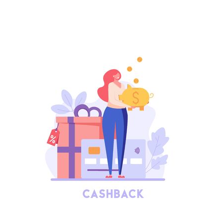 Happy customer holds piggy bank with coins. Cashback program with gifts. Concept of shopping, loyalty program, payment credit card. Vector illustration for UI, web banner, mobile appのイラスト素材