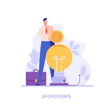 Successful businessman investing money in big idea. Sponsor standing with coin. Concept of startup, sponsoring, crowdfunding. Vector illustration for UI, web banner, mobile appのイラスト素材