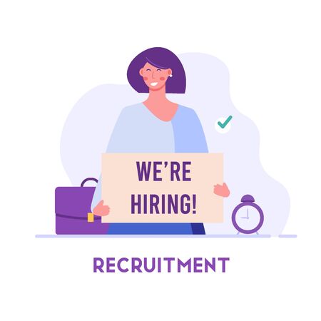 HR manager finding new employees with sign. Headhunting agency. Concept of recruitment service, employees hiring, search for job candidates. Vector illustration for web and mobile appのイラスト素材