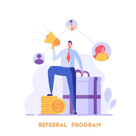 Man stands with a shout and invites friends. Refer a friend. Concept of referral program, inviting, business partnership, smm. Vector illustration in flat design for UI, banner, mobile appのイラスト素材