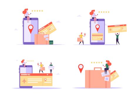 Concept of vacation, tickets, travels with smartphone. Online ticket iilustration. Online booking, tourism and trip. People passengers buying plane ticket online. Vector illustration in flat designのイラスト素材