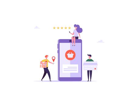 Concept of Delivery, Shipping, Online Service, Feedback. Fast and free delivery. Courier with box on the back isolated on white background. Delivery work vector illustration in flat cartoon design.のイラスト素材