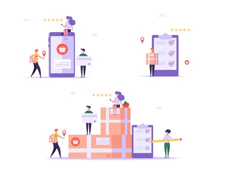Concept of Delivery, Shipping, Online Service, Feedback. Fast and free delivery. Courier with box on the back isolated on white background. Delivery work vector illustration in flat cartoon design.のイラスト素材