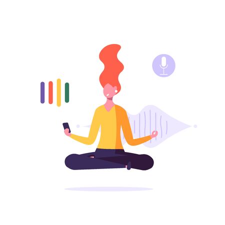 Online assistant. Young people use speaker recognition, voice control, virtual assistant, identification, hotline operator. Vector illustration concept of flat design.のイラスト素材