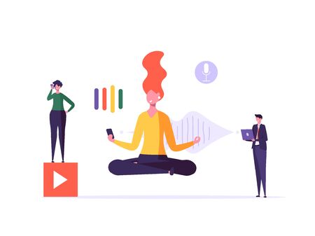 Online assistant. Young people use speaker recognition, voice control, virtual assistant, identification, hotline operator. Vector illustration concept of flat design.のイラスト素材