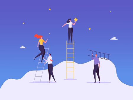 Concept of career, professional growth, supporting employees, coaching, career planning, career development, and team work. Businessmen and employees on the ladder, going to the goal. Vector illustrationのイラスト素材