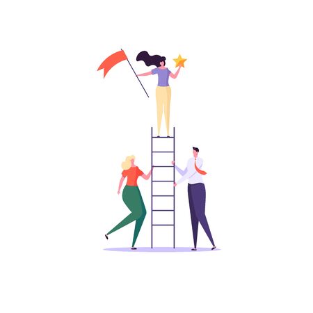 Concept of career, professional growth, supporting employees, coaching, career planning, career development, and team work. Businessmen and employees on the ladder, going to the goal. Vector illustrationのイラスト素材