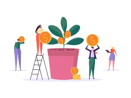 Money growth, business people, corporate character. Concept of Businessman, businesswoman and employee team with phone and laptop. Work community vector cartoon flat illustration collectionのイラスト素材