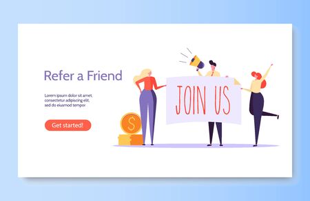 Refer a friend vector illustration concept. Group of young man and woman attracts customers for money and gifts. Referral program and social media marketing for friendsのイラスト素材