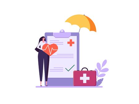 Concept of health insurance and life insurance. Protection of health and life of people with document of insurance. Healthcare and medical service. Vector illustration in flat cartoon designのイラスト素材
