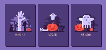 Vector illustration set of Halloween party invitations or greeting cards. Concept of zombie hand, ghost, pumpkin and black cat. Flat designのイラスト素材