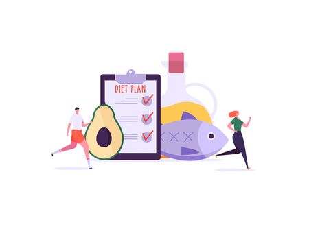 Keto diet vector illustration. Flat tiny slim fit body people concept. Diet plan checklist, training, nutrition control and vegetables, fish, oil. Weight management, individual dietary service. Cartoon designのイラスト素材