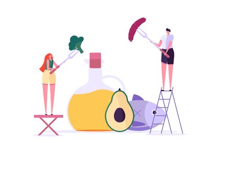 Keto diet vector illustration. Flat tiny slim fit body people concept. Diet plan checklist, training, nutrition control and vegetables, fish, oil. Weight management, individual dietary service. Cartoon designのイラスト素材