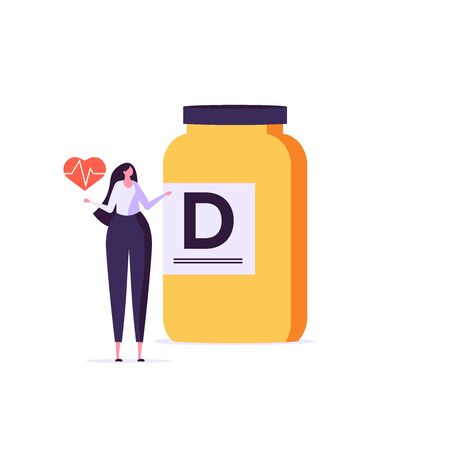 Medicament, vitamin D, bioactive additive, healthy heart vector illustration. Flat tiny slim fit body woman concept. Healthy woman buys healt. Flat designのイラスト素材