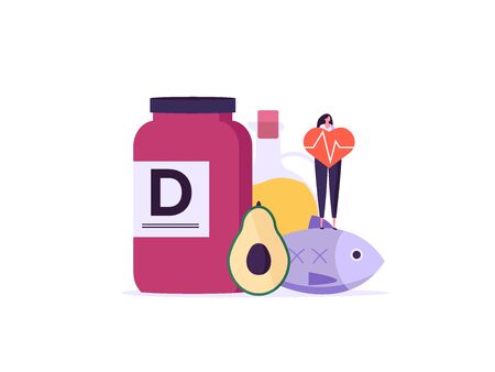 Mediterranean diet, vitamin D, healthy food vector illustration. Flat tiny slim fit body people concept. Healthy people training, nutrition control with vegetables, fish, oil. Flat designのイラスト素材