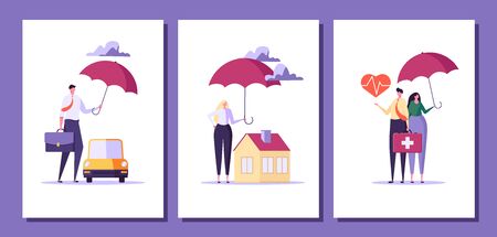 Concept of house insurance, property, real estate. People buy and use insurance for protect house. Vector illustration in flat cartoon designのイラスト素材
