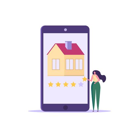 Concept of rent house, purchase house, real estate, abstract ownership. People find, rent and buy real estate. Vector illustration in flat vector designのイラスト素材