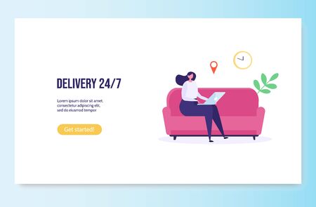 Concept of Fast and free delivery 24/7. Isolated young woman on sofa order food online on white background. Delivery work vector illustration in flat design.のイラスト素材