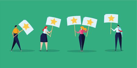 Concept of feedback, rating and success. The group of young people hold the rating stars in their...