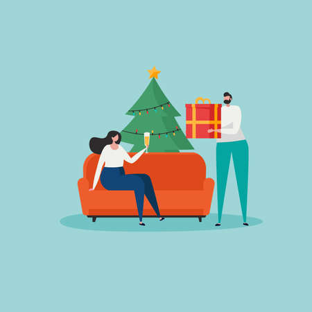 Merry Christmas, The New Year, Happy Holidays concept. Friends or business people celebrate Christmas and prepare gift boxes and Christmas tree. Isolated vector illustration in cartoon designのイラスト素材