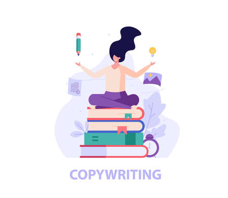 Successful woman sitting on books, writing or editing a text, invents idea. Concept of copywriting, journalism, writing, copyright idea, blogging, smm, management. Vector illustration in flat design.のイラスト素材