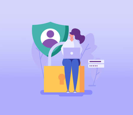 Woman sitting on the lock with laptop. Concept of terms and conditions, privacy policy, user agreement, remote transaction, protection of personal data. Vector illustration in flat designのイラスト素材