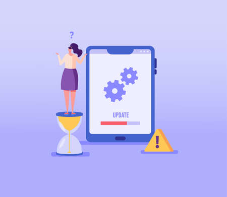 User updating operation system with progress bar. Software upgrade and installation program. Concept of system update, integration, software installation. Vector illustration for UI, mobile appのイラスト素材