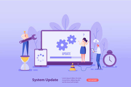 People updating operation system with progress bar. Software upgrade and installation program. Concept of system update, integration, software installation. Vector illustration for UI, mobile appのイラスト素材