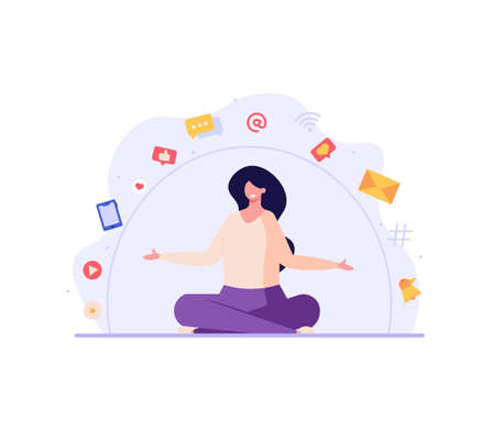 Woman meditates in a zone without gadgets. Concept of digital detox, disconnecting, mediastika, device free zone, internet addiction, no mobile phobia, phubbing. Vector illustration in flat design.のイラスト素材
