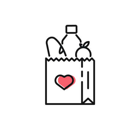 Food donation icon on white. Food bag for donations. Vector black icon for help, social care, volunteering, support for poor people, charity and food drive. Vector outline icon with editable strokeのイラスト素材