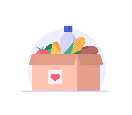 Basket of groceries for charity. Concept of help, social care, volunteering, support for poor people, food donation, charity. Cartoon flat vector illustration for web bannerのイラスト素材