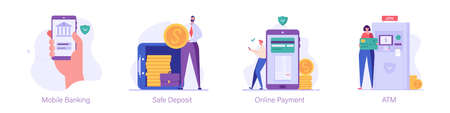 Handholding phone, logs into the mobile bank, man keeps coins in safe, guy pays bills online, woman uses an ATM. Set of mobile banking, safe deposit, online payment, ATM. Vector illustration in flatのイラスト素材