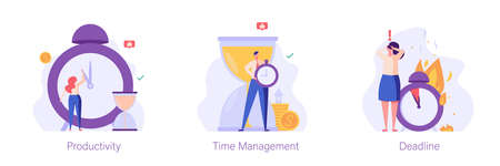 Businessman stands near an hour, man holds an alarm clock in his hands, woman holds her head, plans are burning. Set of productivity, time management, deadline. Vector illustration in flat designのイラスト素材