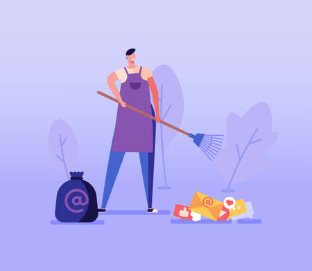 Man with broom sweeps away mail, spam, likes, reposts. Concept of digital detox, disconnecting, mediastika, device free zone, internet addiction. Vector illustration in flat design.のイラスト素材