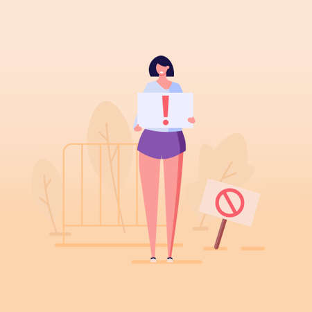 Woman with a placard with an exclamation mark. Concept of protest, stop, rejection, rally, action, political revolution, demonstrate, manifesting. Vector illustration in flat designのイラスト素材