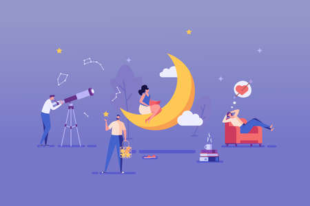 Dreamy people dreaming and making wish. Astronomer watching constellations with telescope. Young woman reading book sitting on Moon. Concept of dreaming, relaxation, dream visualization, makes wishesのイラスト素材