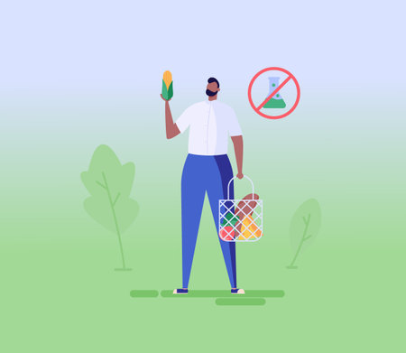 Man stands with a grocery basket and corn in his hands. Concept of eco friendly lifestyle, gmo free, farm fresh organic products, vegan, organic design. Vector illustration in flat designのイラスト素材