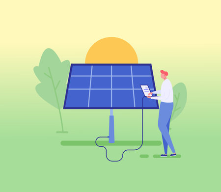 Man controls solar panels. Concept of eco friendly lifestyle, renewable energy, clean energy, solar panel, alternative resource, ecological power. Vector illustration in flat designのイラスト素材