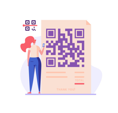 Woman holding phone with QR sign. User scanning QR-code in receipt bill for payment. Concept of QR code, cash register receipt, e-payment, qr verification. Flat vector illustration for UI, appのイラスト素材