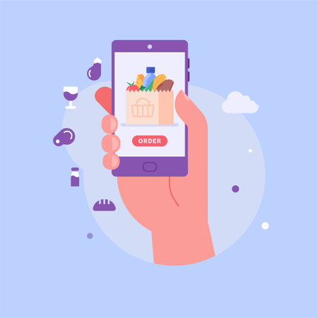 Hand Holding Phone Choosing and Buying Food Products in Mobile App. Online Grocery Store. Concept of Online Grocery Shopping, Food Order, Online Supermarket. Vector illustration for Web Designのイラスト素材