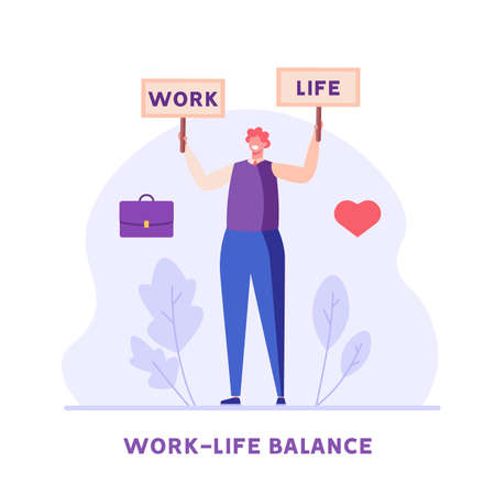 Work Life Balance Concept. Man Choosing between Career or Family on the Sale. Choose between Business and Relationship, Money or Love. Equality Concept. Vector illustration for Web Designのイラスト素材