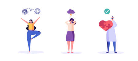 Doctor helping patient with mental health treatment, sad woman in depression, woman enjoys ife. Concept of mental health, psychology therapy, brain care. Vector illustration in flat cartoon designのイラスト素材