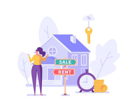 Sale or Rent. People Renting Apartment with Online Service. Users Looking for Apartment for Rent Online. Concept of Rent Real Estate, Home for Rent. Vector illustration for Web Design, Landing Pageのイラスト素材